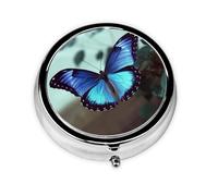 Round Pill Case for Purse or Pocket 2 Compartment Medicine Pill Box Portable Small Pill Organizer Blue Butterfly Pillbox Travel Medicine Vitamin Cod Liver Oil Storage Box