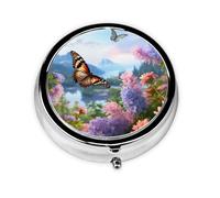 Round Pill Case for Purse or Pocket 2 Compartment Medicine Pill Box Portable Small Pill Organizer Butterfly Garden Pillbox Travel Medicine Vitamin Cod Liver Oil Storage Box