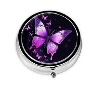 Round Pill Case for Purse or Pocket 2 Compartment Medicine Pill Box Portable Small Pill Organizer Butterfly Purple Pillbox Travel Medicine Vitamin Cod Liver Oil Storage Box