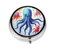 Round Pill Case for Purse or Pocket 2 Compartment Medicine Pill Box Portable Small Pill Organizer Colorful Squid Octopus Pillbox Travel Medicine Vitamin Cod Liver Oil Storage Box