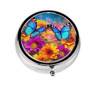 Round Pill Case for Purse or Pocket 2 Compartment Medicine Pill Box Portable Small Pill Organizer Colorful Butterfly Flower Pillbox Travel Medicine Vitamin Cod Liver Oil Storage Box