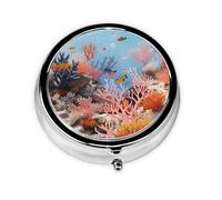 Round Pill Case for Purse or Pocket 2 Compartment Medicine Pill Box Portable Small Pill Organizer Coral Reef Pillbox Travel Medicine Vitamin Cod Liver Oil Storage Box