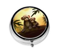 Round Pill Case for Purse or Pocket 2 Compartment Medicine Pill Box Portable Small Pill Organizer Cute Couple Monkey Pillbox Travel Medicine Vitamin Cod Liver Oil Storage Box