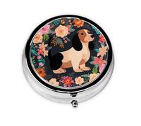 Round Pill Case for Purse or Pocket 2 Compartment Medicine Pill Box Portable Small Pill Organizer Dachshund Floral Pillbox Travel Medicine Vitamin Cod Liver Oil Storage Box