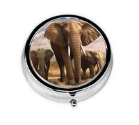Round Pill Case for Purse or Pocket 2 Compartment Medicine Pill Box Portable Small Pill Organizer Elephant Family Pillbox Travel Medicine Vitamin Cod Liver Oil Storage Box