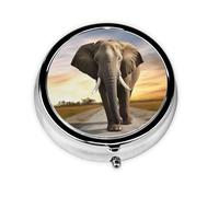 Round Pill Case for Purse or Pocket 2 Compartment Medicine Pill Box Portable Small Pill Organizer Elephant Walking Pillbox Travel Medicine Vitamin Cod Liver Oil Storage Box
