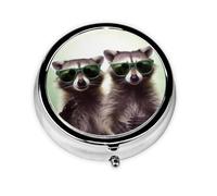 Round Pill Case for Purse or Pocket 2 Compartment Medicine Pill Box Portable Small Pill Organizer Funny Raccoon Green Sunglasses Pillbox Travel Medicine Vitamin Cod Liver Oil Storage Box