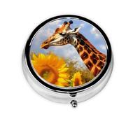 Round Pill Case for Purse or Pocket 2 Compartment Medicine Pill Box Portable Small Pill Organizer Giraffe and Sunflower Pillbox Travel Medicine Vitamin Cod Liver Oil Storage Box