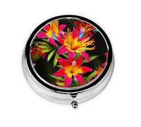 Round Pill Case for Purse or Pocket 2 Compartment Medicine Pill Box Portable Small Pill Organizer Hawaiian Colorful Flower Pillbox Travel Medicine Vitamin Cod Liver Oil Storage Box