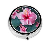 Round Pill Case for Purse or Pocket 2 Compartment Medicine Pill Box Portable Small Pill Organizer Hawaii Pink Flower Pillbox Travel Medicine Vitamin Cod Liver Oil Storage Box