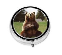 Round Pill Case for Purse or Pocket 2 Compartment Medicine Pill Box Portable Small Pill Organizer Hi Bear Sit on The Lawn Pillbox Travel Medicine Vitamin Cod Liver Oil Storage Box