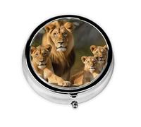Round Pill Case for Purse or Pocket 2 Compartment Medicine Pill Box Portable Small Pill Organizer Lion Family Pillbox Travel Medicine Vitamin Cod Liver Oil Storage Box