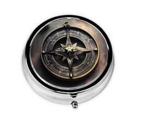 Round Pill Case for Purse or Pocket 2 Compartment Medicine Pill Box Portable Small Pill Organizer Magical Design Norse Runes Compass Pillbox Travel Medicine Vitamin Cod Liver Oil Storage Box