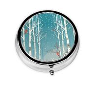 Round Pill Case for Purse or Pocket 2 Compartment Medicine Pill Box Portable Small Pill Organizer Merry Christmas Birch Tree Pillbox Travel Medicine Vitamin Cod Liver Oil Storage Box