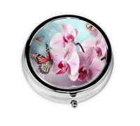 Round Pill Case for Purse or Pocket 2 Compartment Medicine Pill Box Portable Small Pill Organizer Orchid Flower Butterfly Soft Fresh Spring Pillbox Travel Medicine Vitamin Cod Liver Oil Storage Box