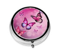 Round Pill Case for Purse or Pocket 2 Compartment Medicine Pill Box Portable Small Pill Organizer Pink Butterflies Pillbox Travel Medicine Vitamin Cod Liver Oil Storage Box