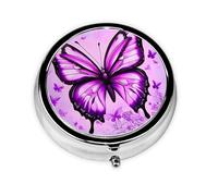 Round Pill Case for Purse or Pocket 2 Compartment Medicine Pill Box Portable Small Pill Organizer Purple Butterfly Pillbox Travel Medicine Vitamin Cod Liver Oil Storage Box