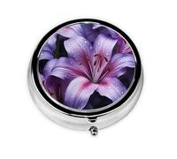 Round Pill Case for Purse or Pocket 2 Compartment Medicine Pill Box Portable Small Pill Organizer Purple Lily Flowers Pillbox Travel Medicine Vitamin Cod Liver Oil Storage Box