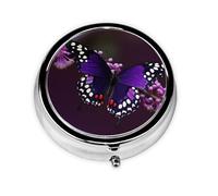 Round Pill Case for Purse or Pocket 2 Compartment Medicine Pill Box Portable Small Pill Organizer Purple Plum Butterfly Pillbox Travel Medicine Vitamin Cod Liver Oil Storage Box