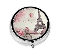 Round Pill Case for Purse or Pocket 2 Compartment Medicine Pill Box Portable Small Pill Organizer Romantic Paris Eiffel Tower Bycicle Pillbox Travel Medicine Vitamin Cod Liver Oil Storage Box