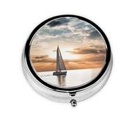 Round Pill Case for Purse or Pocket 2 Compartment Medicine Pill Box Portable Small Pill Organizer Sailing Boat on The Sea Pillbox Travel Medicine Vitamin Cod Liver Oil Storage Box