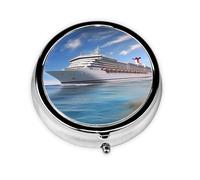 Round Pill Case for Purse or Pocket 2 Compartment Medicine Pill Box Portable Small Pill Organizer Seaside Cruise Ship Pillbox Travel Medicine Vitamin Cod Liver Oil Storage Box