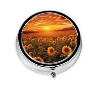 Round Pill Case for Purse or Pocket 2 Compartment Medicine Pill Box Portable Small Pill Organizer Sunflower Field Sunset Sea of Flowers Pillbox Travel Medicine Vitamin Cod Liver Oil Storage Box