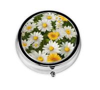 Round Pill Case for Purse or Pocket 2 Compartment Medicine Pill Box Portable Small Pill Organizer Summer Floral Daisies Flower Pillbox Travel Medicine Vitamin Cod Liver Oil Storage Box