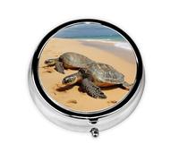 Round Pill Case for Purse or Pocket 2 Compartment Medicine Pill Box Portable Small Pill Organizer Turtles on The Beach Pillbox Travel Medicine Vitamin Cod Liver Oil Storage Box