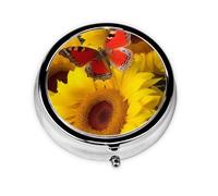 Round Pill Case for Purse or Pocket 2 Compartment Medicine Pill Box Portable Small Pill Organizer Yellow Sunflowers with Red Butterfly Pillbox Travel Medicine Vitamin Cod Liver Oil Storage Box