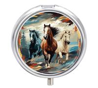 Round Pill Case Small Pill Box with Mirror Pocket 3 Compartment A Pattern with Horses As A Background Medicine Case Organizer Pills Containers for Traveling Purse & Pocket