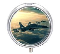 Round Pill Case Small Pill Box with Mirror Pocket 3 Compartment Aircraft Fighter Jets Medicine Case Organizer Pills Containers for Traveling Purse & Pocket