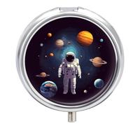 Round Pill Case Small Pill Box with Mirror Pocket 3 Compartment Astronaut Solar System Planets Medicine Case Organizer Pills Containers for Traveling Purse & Pocket