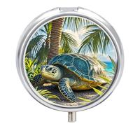 Round Pill Case Small Pill Box with Mirror Pocket 3 Compartment Big Turtle and Palm Trees Medicine Case Organizer Pills Containers for Traveling Purse & Pocket