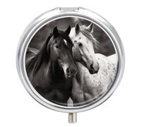 Round Pill Case Small Pill Box with Mirror Pocket 3 Compartment Black and White Horses Medicine Case Organizer Pills Containers for Traveling Purse & Pocket