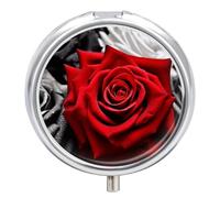 Round Pill Case Small Pill Box with Mirror Pocket 3 Compartment Black White and Red Roses Medicine Case Organizer Pills Containers for Traveling Purse & Pocket