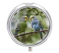 Round Pill Case Small Pill Box with Mirror Pocket 3 Compartment Blue and Green Parakeets Medicine Case Organizer Pills Containers for Traveling Purse & Pocket