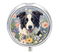 Round Pill Case Small Pill Box with Mirror Pocket 3 Compartment Border Collie Florals Medicine Case Organizer Pills Containers for Traveling Purse & Pocket