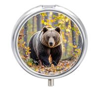Round Pill Case Small Pill Box with Mirror Pocket 3 Compartment Brown Bear in Autumn Medicine Case Organizer Pills Containers for Traveling Purse & Pocket