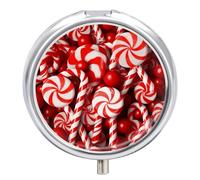Round Pill Case Small Pill Box with Mirror Pocket 3 Compartment Candy Canes Medicine Case Organizer Pills Containers for Traveling Purse & Pocket