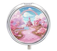 Round Pill Case Small Pill Box with Mirror Pocket 3 Compartment Candy Lane House Medicine Case Organizer Pills Containers for Traveling Purse & Pocket