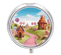 Round Pill Case Small Pill Box with Mirror Pocket 3 Compartment Candy Lane House Medicine Case Organizer Pills Containers for Traveling Purse & Pocket
