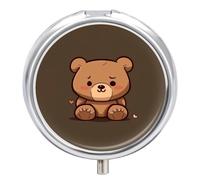 Round Pill Case Small Pill Box with Mirror Pocket 3 Compartment Cartoon Brown Cute Bear Medicine Case Organizer Pills Containers for Traveling Purse & Pocket