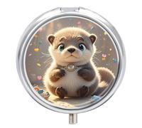 Round Pill Case Small Pill Box with Mirror Pocket 3 Compartment Cartoon Cute Otter Medicine Case Organizer Pills Containers for Traveling Purse & Pocket