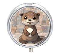 Round Pill Case Small Pill Box with Mirror Pocket 3 Compartment Cartoon Cute Otter Medicine Case Organizer Pills Containers for Traveling Purse & Pocket