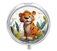 Round Pill Case Small Pill Box with Mirror Pocket 3 Compartment Cartoon Tiger Medicine Case Organizer Pills Containers for Traveling Purse & Pocket
