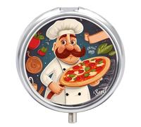 Round Pill Case Small Pill Box with Mirror Pocket 3 Compartment Chef Pizza Medicine Case Organizer Pills Containers for Traveling Purse & Pocket
