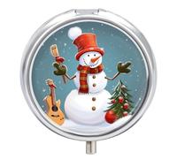 Round Pill Case Small Pill Box with Mirror Pocket 3 Compartment Christmas Snowman Medicine Case Organizer Pills Containers for Traveling Purse & Pocket