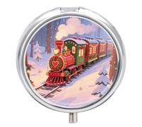 Round Pill Case Small Pill Box with Mirror Pocket 3 Compartment Christmas Train Medicine Case Organizer Pills Containers for Traveling Purse & Pocket