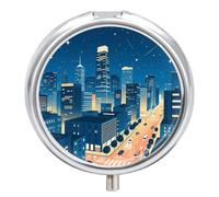 Round Pill Case Small Pill Box with Mirror Pocket 3 Compartment City Night Medicine Case Organizer Pills Containers for Traveling Purse & Pocket